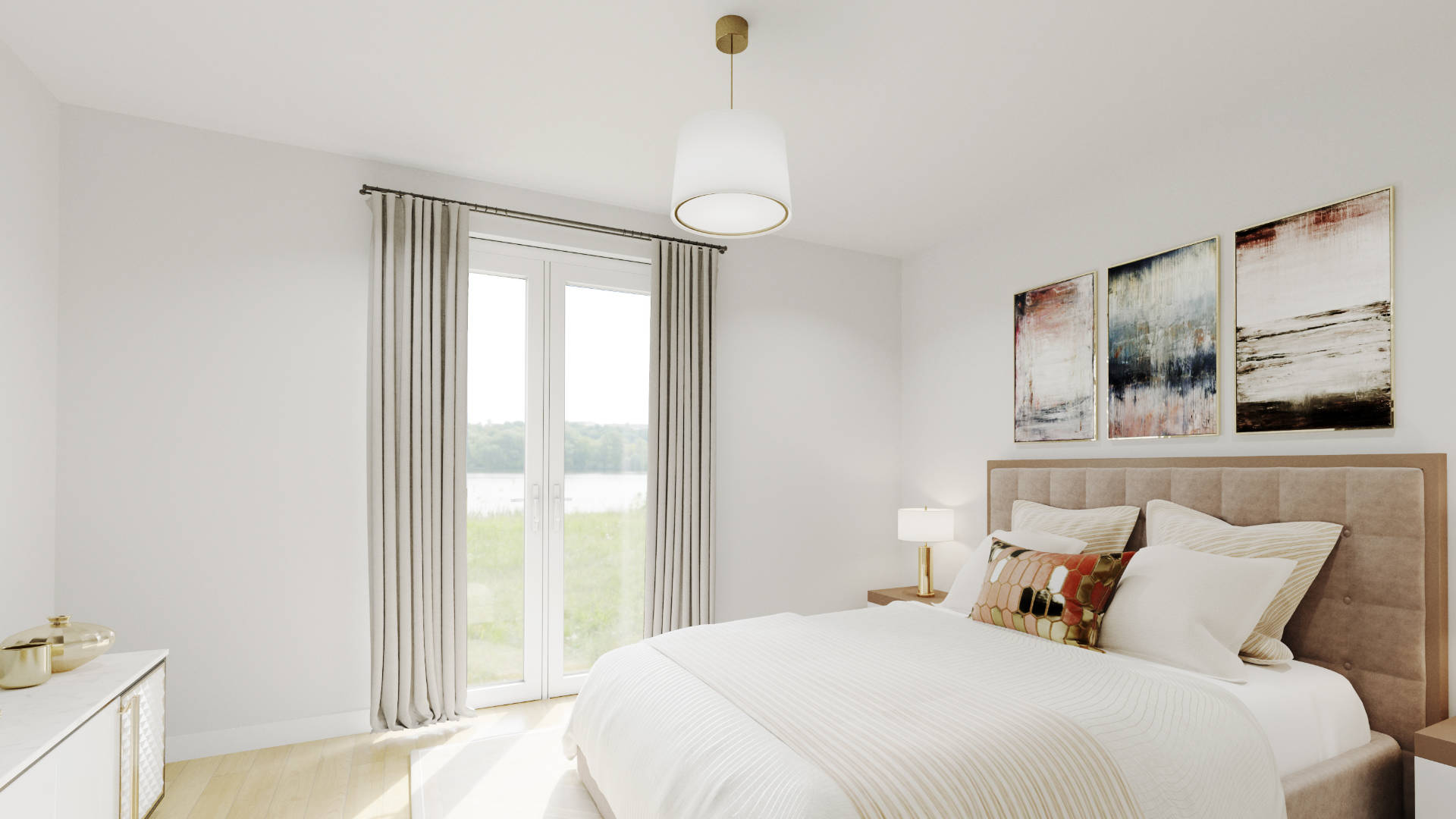 Schlafzimmer mit bodentiefen Fenstern