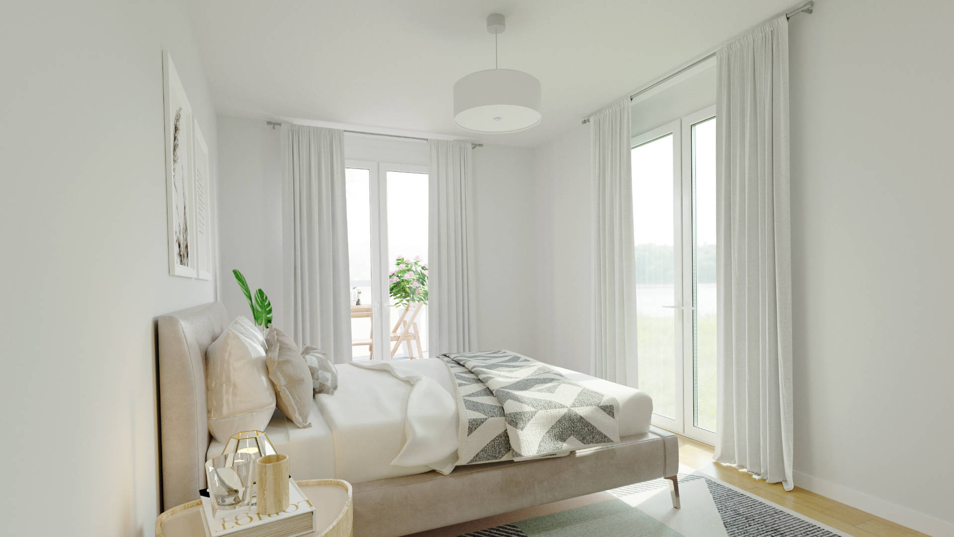 Schlafzimmer mit bodentiefen Fenstern