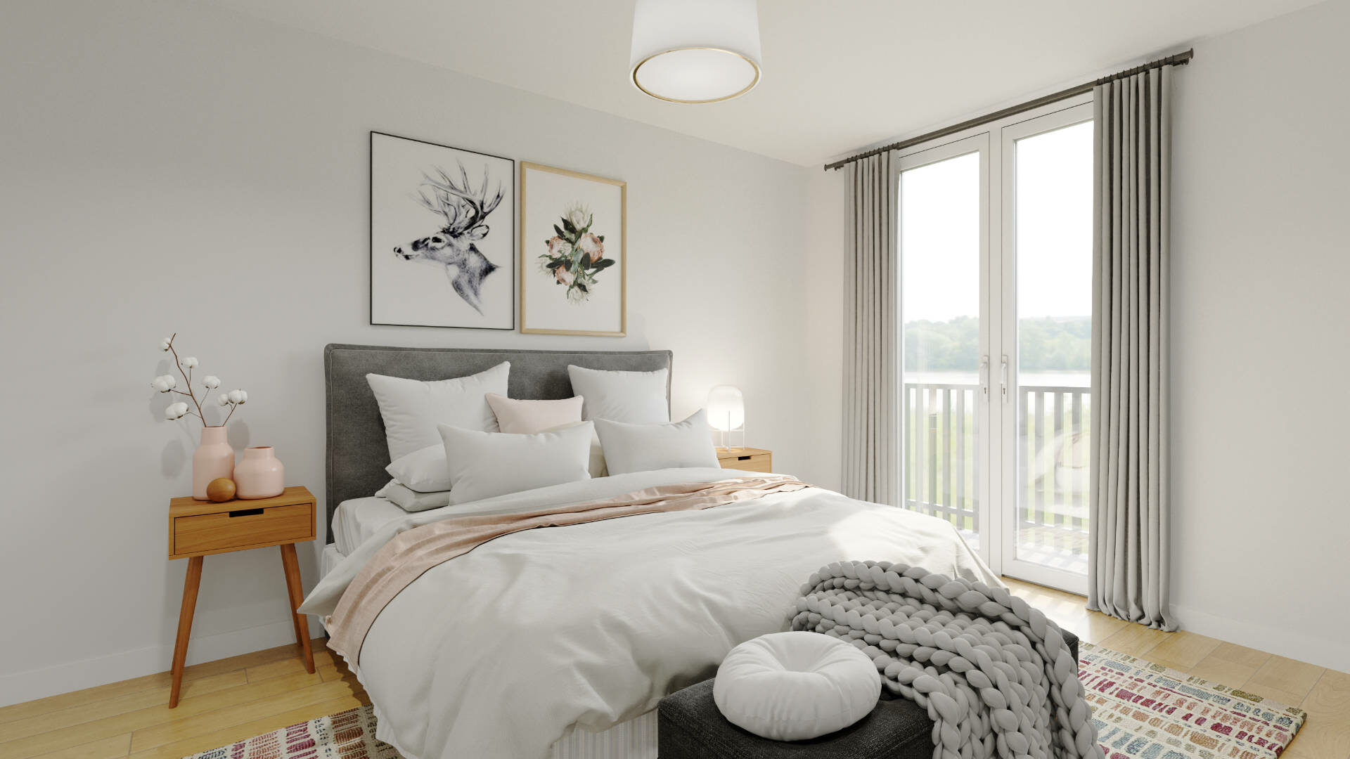 Schlafzimmer mit bodentiefen Fenstern